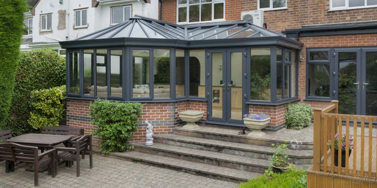 Glass roof conservatory with grey frame, Creamside Pembrokeshire