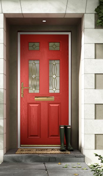 Composite front door in red with four glazed panels